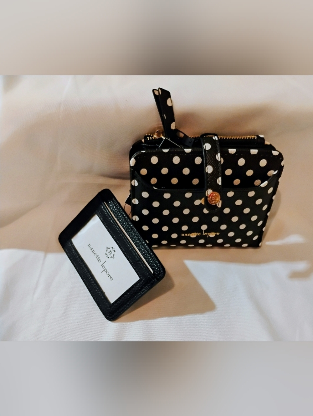 Nanette Lepore Black and White Polka Dot Zip Wallet with Card Holder
